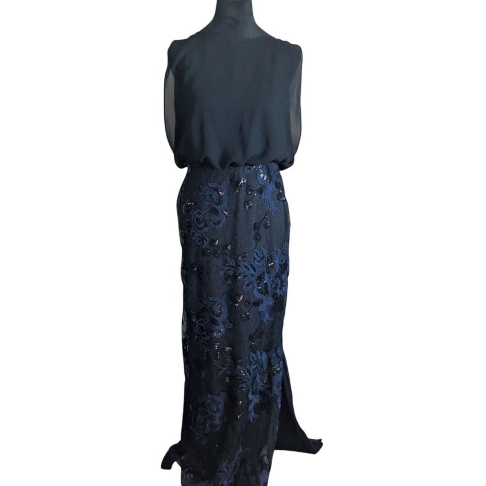 Karl Lagerfeld Paris Sequin Floral Lace Gown Black Navy Formal Aesthetic 4